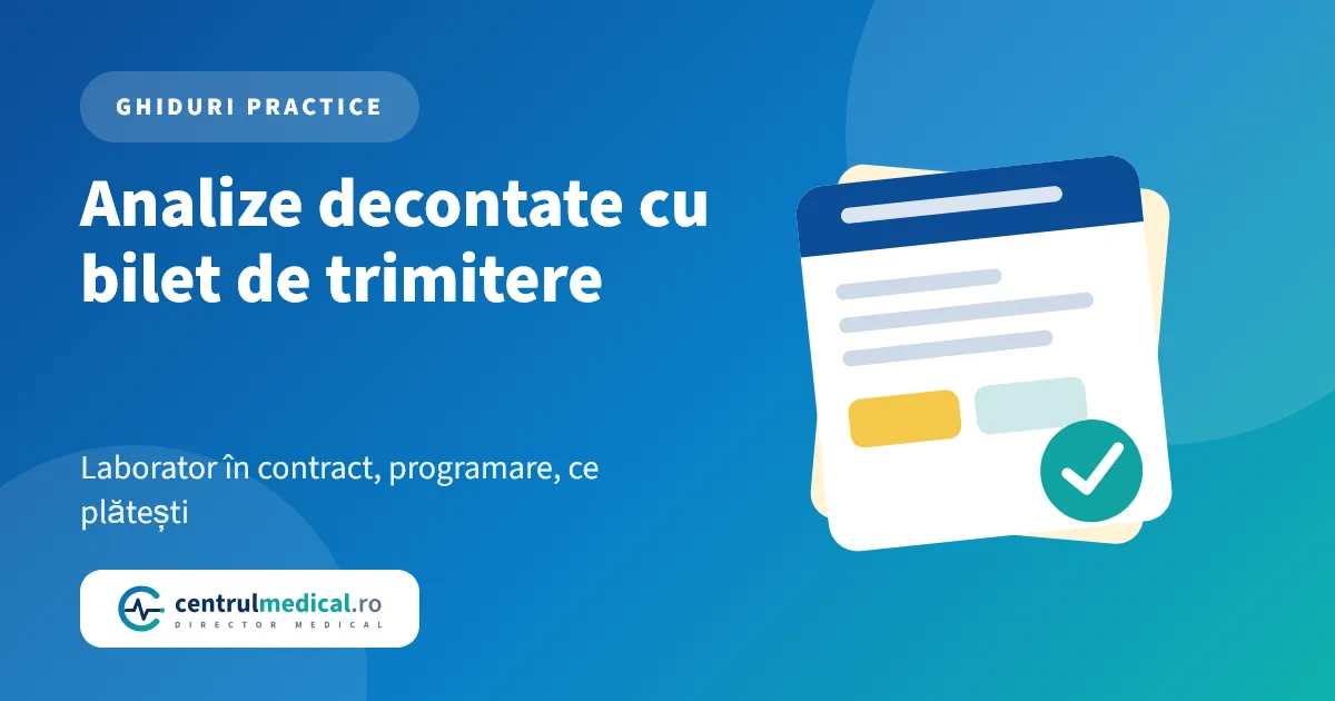 Copertă cu un document stilizat și titlul Analize decontate cu bilet de trimitere, despre laborator, programare și plată