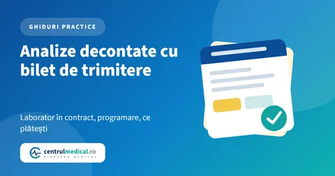Copertă cu un document stilizat și titlul Analize decontate cu bilet de trimitere, despre laborator, programare și plată