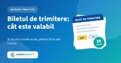Un bilet de trimitere cu un calendar de 30 și 90 de zile, pe fundal albastru, cu titlul ghidului despre biletul de trimitere