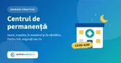 O clădire cu o cruce medicală și o lună pe cer, pe fundal albastru, cu titlul ghidului despre centrul de permanență