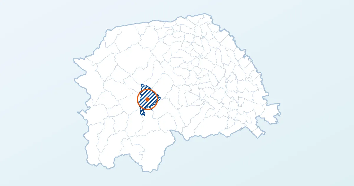Harta județului Suceava: localitatea Câmpulung Moldovenesc, hașurată și încercuită