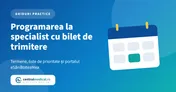 Copertă cu un calendar și titlul despre programarea la specialist cu bilet de trimitere, termene și portalul eSănătateaMea