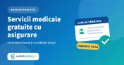 O cartelă de asigurat și o bifă pe fundal albastru, cu titlul ghidului despre serviciile medicale gratuite cu asigurare